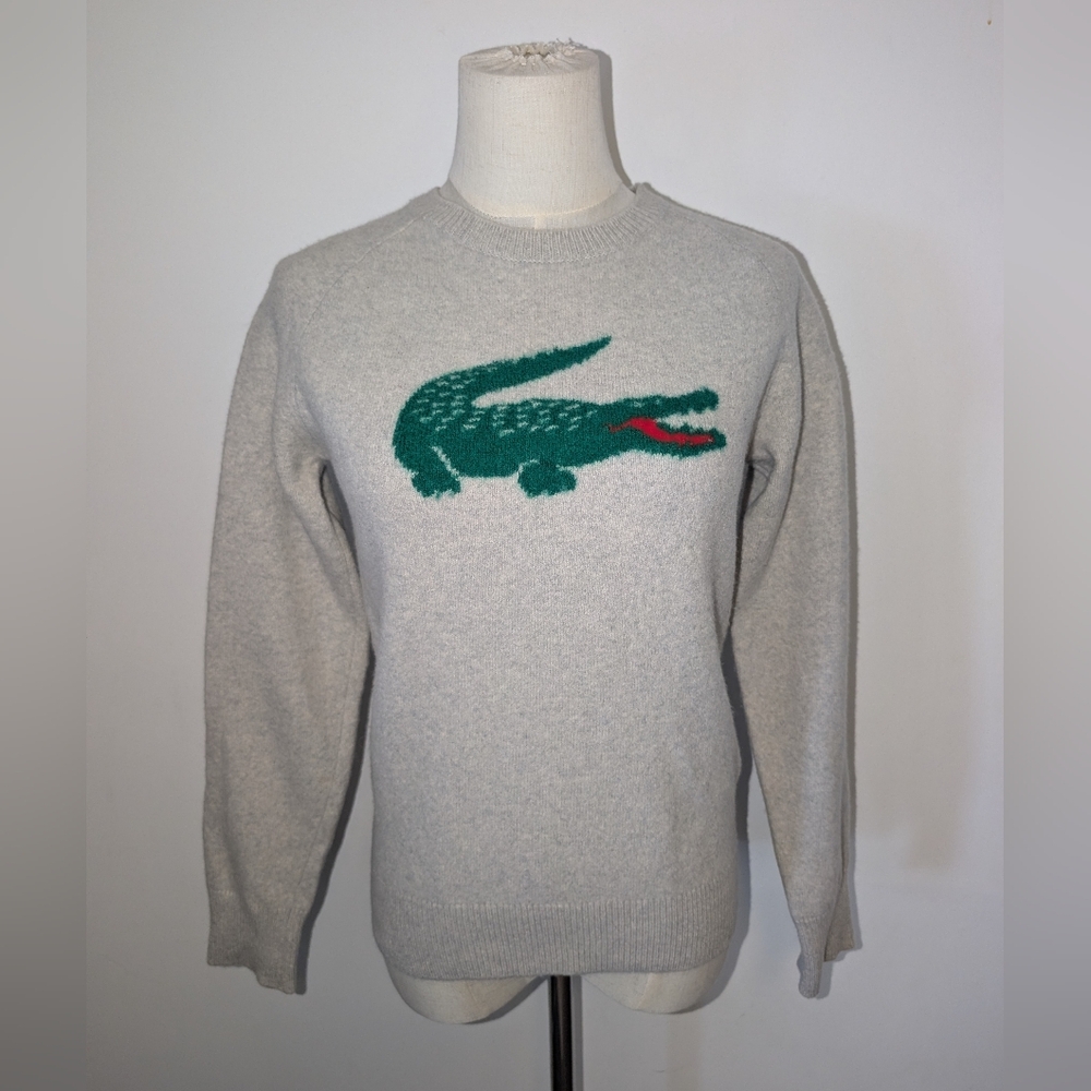 Vintage Lacoste Light Gray Crewneck Sweater with Large Green Crocodile